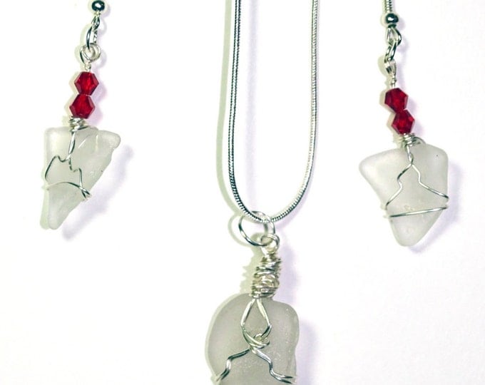 Beach Glass & Swarovski Crystal Necklace - earring set, wire wrapped white frosted beach glass