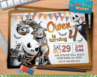 The Nightmare Before Christmas Invitation, Halloween Birthday Party, Cartoon, Printable, Ballpoint Pen Drawing On Grid Paper, Digital File
