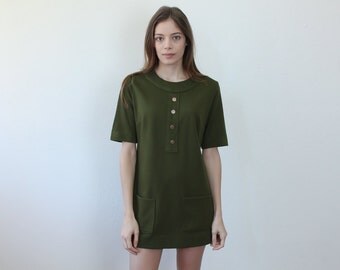 70s Mini Shift Dress // Vintage 1970s Olive Green Dress Button Pocket - Medium