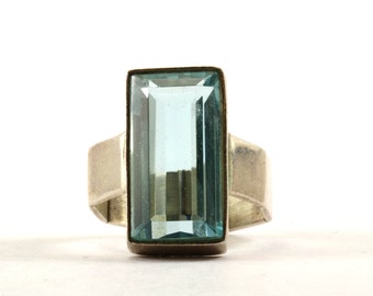 Vintage Emerald Cut Blue Crystal Ring 925 Sterling Silver RG 2106-E