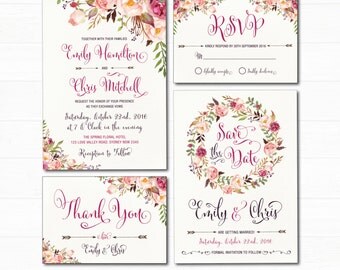 Floral Wedding Invitation Set. Bohemian Watercolor Flower Invitation. Boho Floral Wedding Suite. RSVP Thank You Cards. Save the Date. FLO7