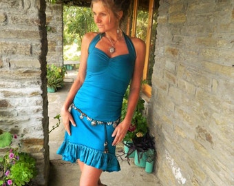 Blue Sundress for women, Spanish style, Teal high Low dress, Turquoise Festival clothes for her, Gypsy dresses, Asymmetrical wear, Boho Chic