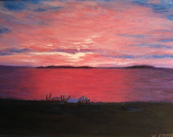 Oil painting of Pink Sky Sunset on the Eastern Shore
