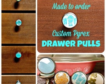 Set of 12. MADE TO ORDER!!! Pyrex Drawer Pulls. Cabinet Hardware. Close door pulls. Can use on a piece of wood as coat hooks.