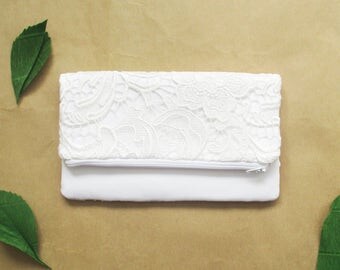 Bridal clutch, lace clutch, folded clutch, clutches, white clutch, zipper clutch, bridesmaids clutches, white lace bag, white lace clutch