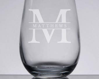 Engraved Wine Glass, 15 oz. Stemless Wine, Etched Wedding Gift, Monogram Wine Glass, Personalized Gift, Wine Monogram, Custom Wine Gift