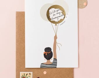 Will You Be My Bridesmaid Balloon Card - Scratch Off Balloon - Write Your Own Message - Dark Skin Girl with Black Hair In A Bun