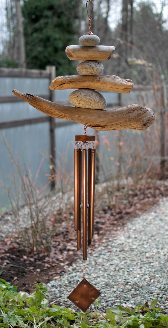 Wind Chime Beach Stone Driftwood Large Copper Chimes