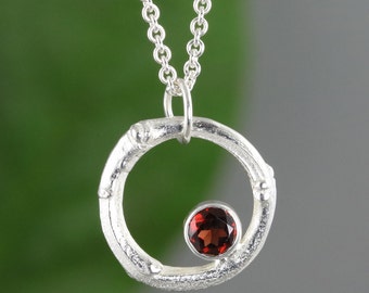 Sterling Silver Twig Circle Pendant With Garnet - January Birthstone - Organic Jewelry - Bridesmaid Gift - Natural Wedding - Ready to Ship