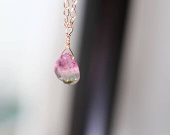 Delicate and Dainty Watermelon Tourmaline Littles Necklace in Rose Gold