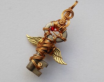 Gold Flying Key Pendant -- Gryffindor Winged Key, Red Crystal, Angel Winged Key, Gold Wire, Wire Wrapped, Harry Potter Flying Key Necklace