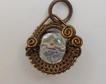 Round Woven Wire Pendant, Ice Clear Bead, Woven Wire Circle, Antique Brass Wire, Spirals, Crystal Sparkle, Winter Jewel