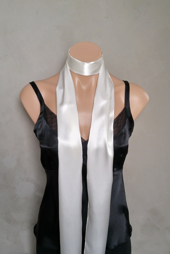 Ivory Scarf, Off White Satin Reversible Skinny Scarf, Silky Scarf, White Two Sided Scarf, Satin Scarf White, White Skinny Scarf, 71" X 6"