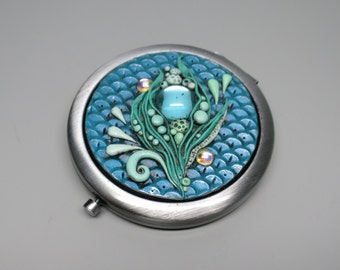 Mermaid Compact Mirror, Underwater Fantasy, Aqua Scales, Vintage Gems