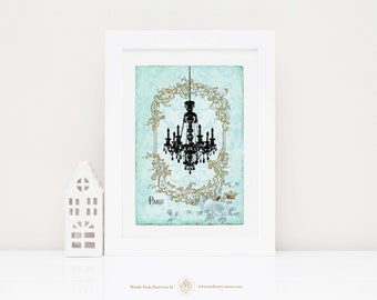 Chandelier French art print, silhouette vintage home decor on blue damask, A4 giclee