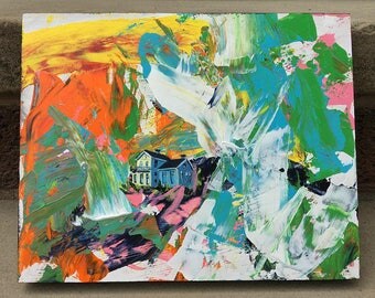 Colorful Impasto Painting with House, ORIGINAL acrylic 8x10