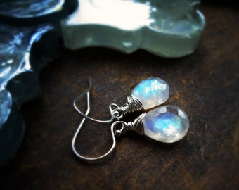 Blue Fire Moonstone earrings, Wire wrapped, Otis B gemstone, Sterling silver, bridesmaid gift, june birthstone, delicate earrings