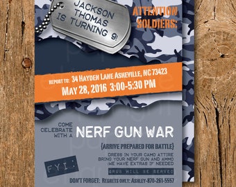 Nerf War Camo Birthday Invite, Nerf War Birthday Party, Camo Birthday Invitation, Boy Paint Gun Party, Boy Army Birthday Party Invite, Camo