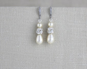 Pearl Wedding earrings, Crystal Bridal earrings, Wedding jewelry, Pearl drop earrings, Bridesmaid earrings Simple earrings Swarovski crystal