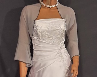 Chiffon bolero jacket 3/4 bell sleeve shrug prom wrap bridal sheer cover up CBA216 AVL IN silver gray and 6 other colors. Small - Plus size!