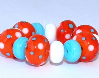 Handmade Lampwork Beads, 14 Pieces "Orange, White and Bright Turquoise", Size about 8.2 to 11.7 mm