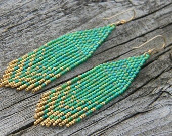 Green and Gold Seed Bead Earrings