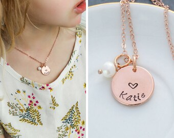 FREE SHIP • Rose Gold Heart Necklace • Rose Gold Necklace • Personalized Girlfriend Gift Wife Gift •Pearl Necklace Heart Jewelry Custom Gift