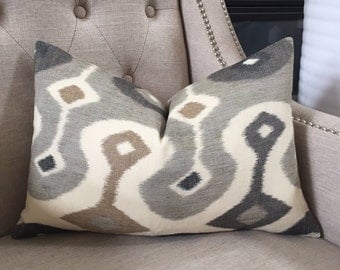 Decorative Designer Lumbar Pillow Cover - 12"X18" - Schumacher Darya Ikat in Stone - Pattern on the front