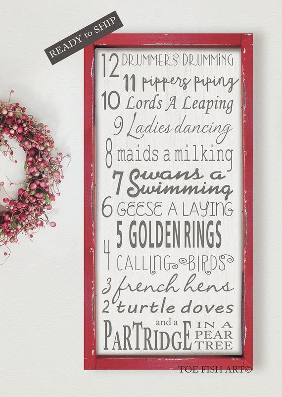 12 Days of Christmas Typography Word Art Sign Vintage