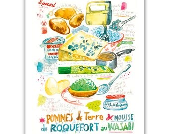 Wasabi roquefort recipe print, Japanese french food illustration, French cheese, Recipe painting, Watercolor print, food art, Kitchen poster