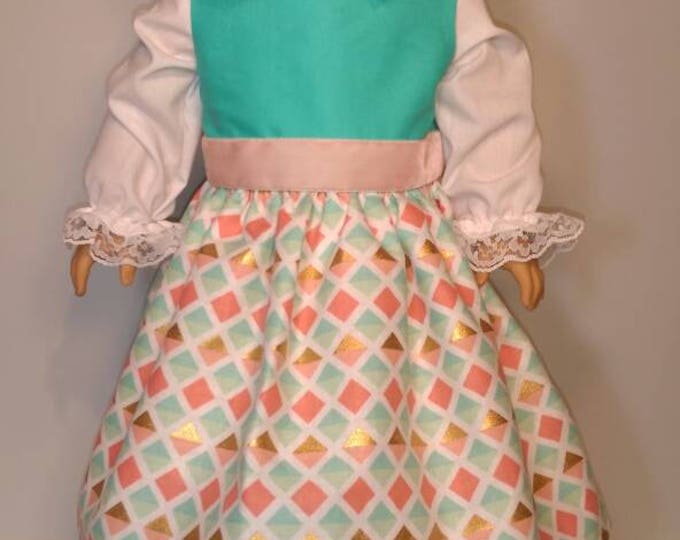 Teal and coral geometric print doll dress, white long sleeve shirt, matching shoes for 18 inch dolls