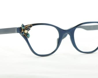 Rare Tura 'Tiger Lily' Cat Eye Glasses, NOS, Navy Blue
