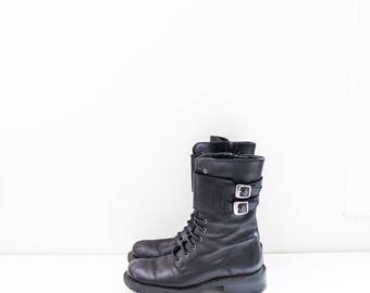 black leather lace up combat buckle boots - women's size 7