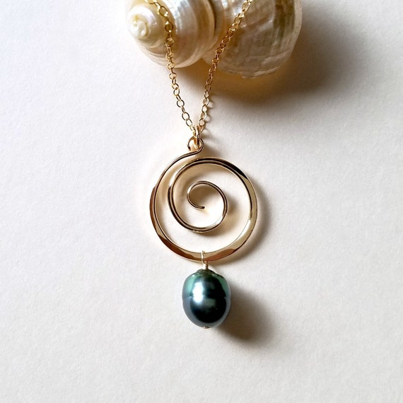 Peacock Tahitian Pearl Necklace Gold Koru Necklace Gold