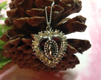 Vintage Pendant Necklace, Rhinestone Heart Necklace, Virgin Mary Necklace, Religious Necklace