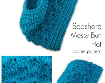 Crochet Hat Pattern - Seashore Messy Bun Hat crochet pattern ponytail hat messy bun hat - PDF
