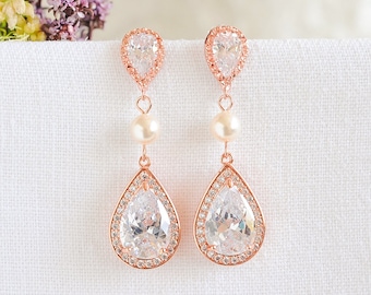 Rose Gold Wedding Earrings, Crystal Bridal Earrings, Swarovski Pearl Earrings,Teardrop Dangle Earrings, Old Hollywood Bridal Jewelry, FAYE