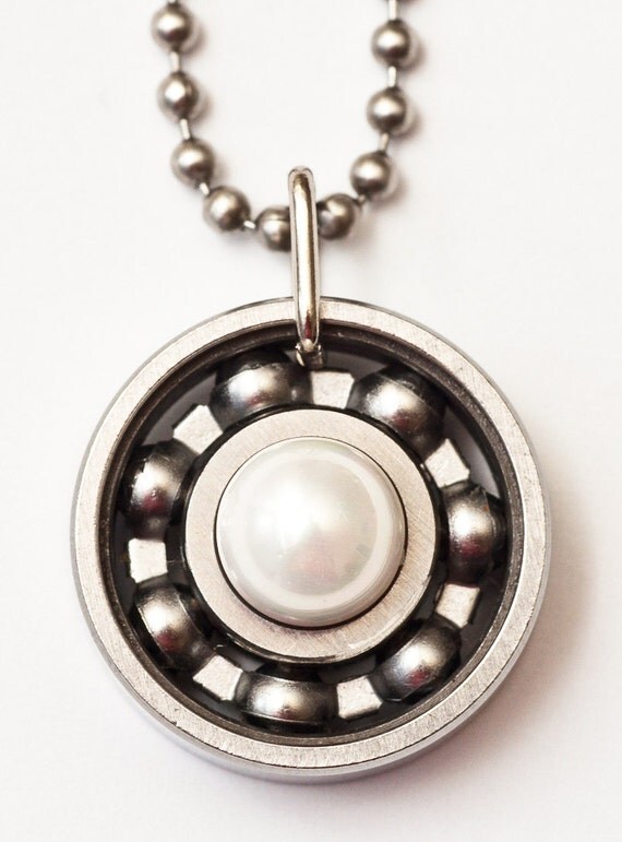 White Shell Pearl Roller Derby Skate Bearing Pendant Necklace
