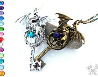 Dragon Lovers Set / Couples Necklace Set / His and Hers Necklaces / Best Friends Necklace / Skeleton Key Necklace / Key to my Heart Necklace