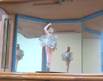 Antique Wood Ballerina Jewelry/Music Box; Rotating w/ Mirrors~Handpainted Wood/Works/Drawer