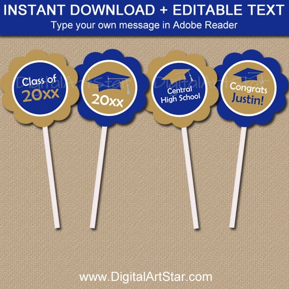 2018 cupcake toppers blue and gold graduation cupcake topper download