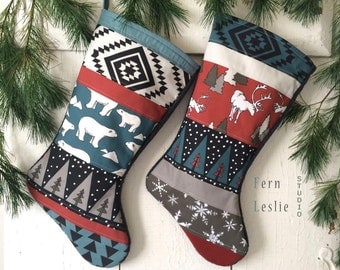 Quilted Christmas Stocking Set, Polar Bear, Deer, Rustic, Dark Red, Teal, Mushroom, Personalized, Animals, Modern, Holiday Decor, Elk
