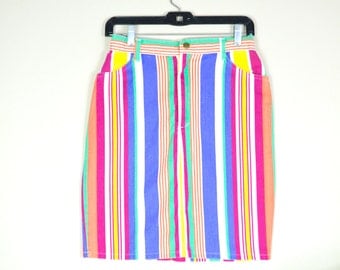 80s/90s colorful striped denim skirt / vintage high waisted pencil skirt