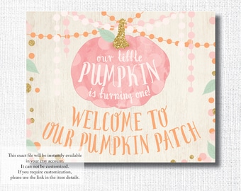 OUR LITTLE PUMPKIN is turning one welcome to our pumpkin patch pink pumpkin 8x10 sign instant digital download printable diy file