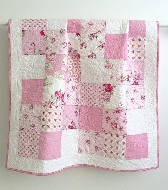 Modern Patchwork Baby Girl Quilt Lovely Roses Shades of Pink