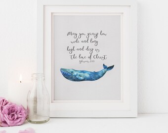 Boy Nursery Scripture Print, Watercolor Whale, Illustrated Faith Print, Christian Easter Art, Watercolor, Bible Journaling Art, digital art