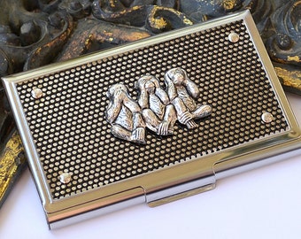 Business card case for men, business card holder, gift for boss, 3 monkeys, see no evil monkeys, monkey card case, gag gift business