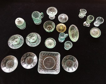 Miniature Green Depression Glass, Dollhouse Glassware, Vintage Patterned Glass, Hobnail, Pressed Glass, Doll Tea Set, Lot of 25 Pieces
