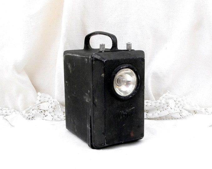Large Vintage French Black Hand Held Metal Flashlight / Torch, Retro Industrial SNCF Searchlight Lamp, Upcycled Lantern Decor, Light