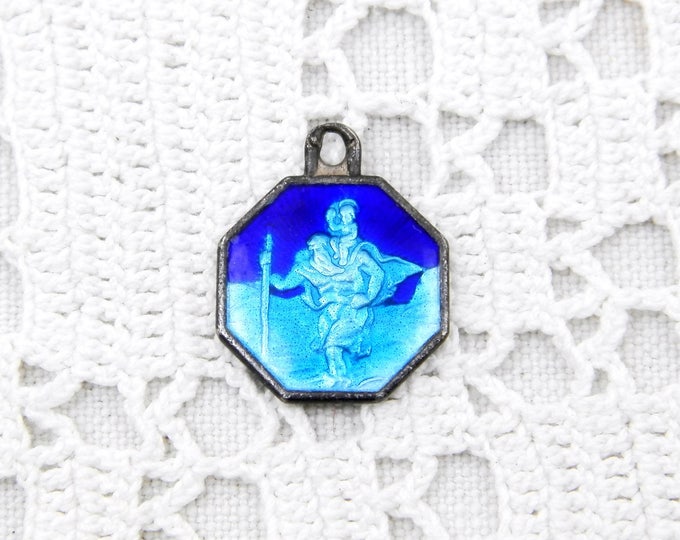 Small Vintage French Coin Silver Religious Medal of Saint Christopher with Blue Enamel, St Christopher, Traveller, Catholic, Good Luck Charm